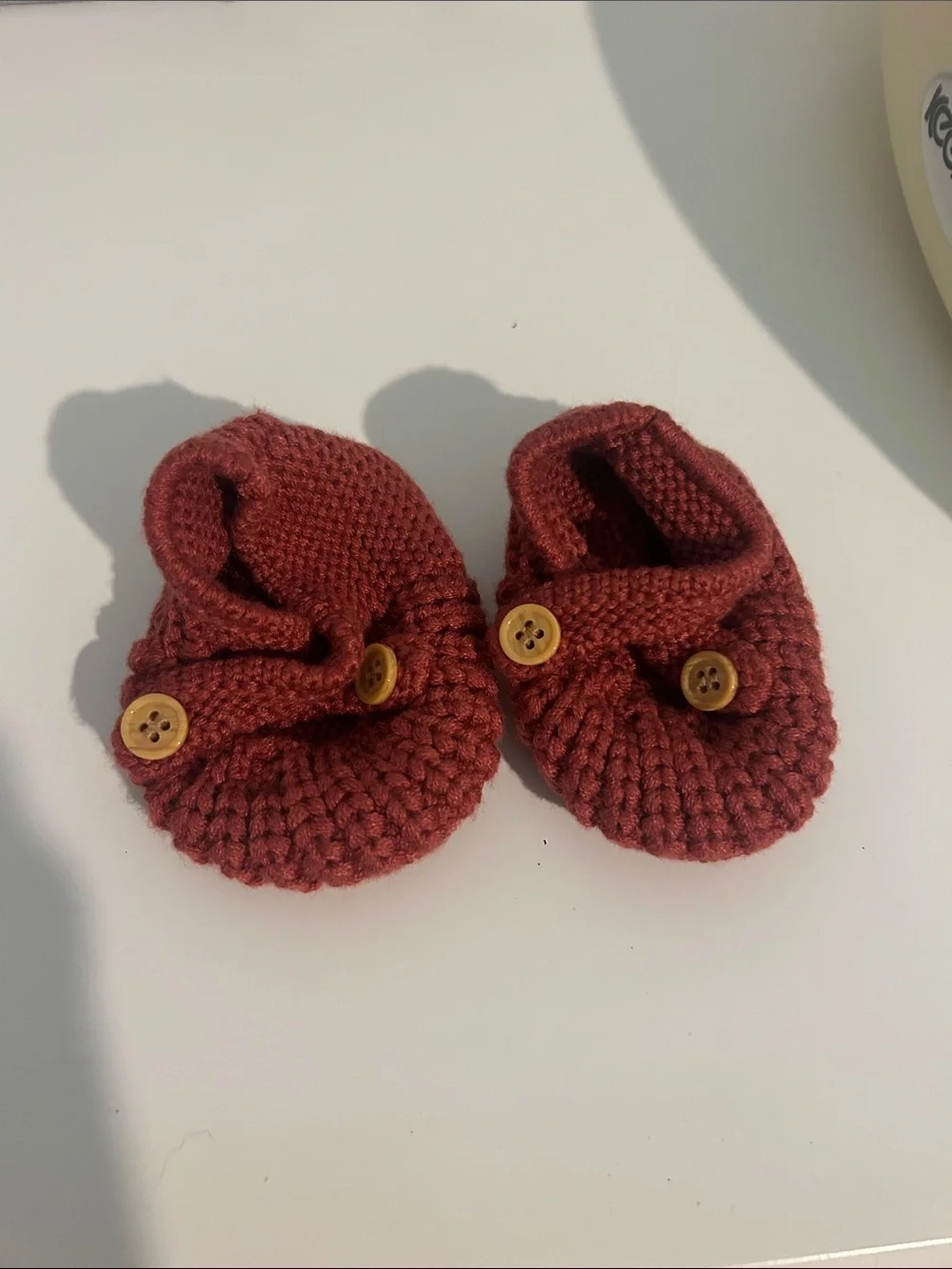Hand-Knit Kids Moccasin Booties in Rust with Button Accent